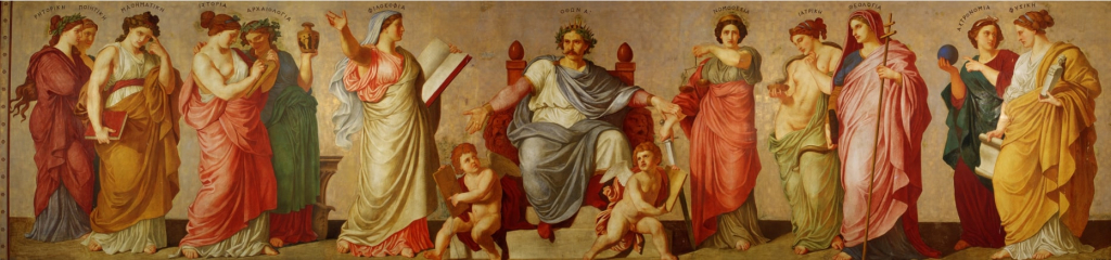 Η ζωφόρος των Προπυλαίων με τον βασιλιά Όθωνα, περιστοιχημένο από τις Μούσες και τις Επιστήμες.