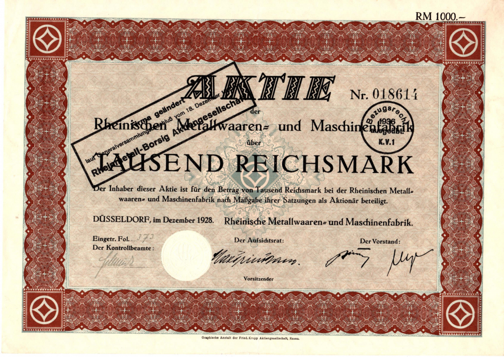 Μετοχή της Rheinische Metallwaaren- und Maschinenfabrik που εκδόθηκε το 1928· στη συνέχεια μετονομάστηκε σε Rheinmetall-Borsig AG