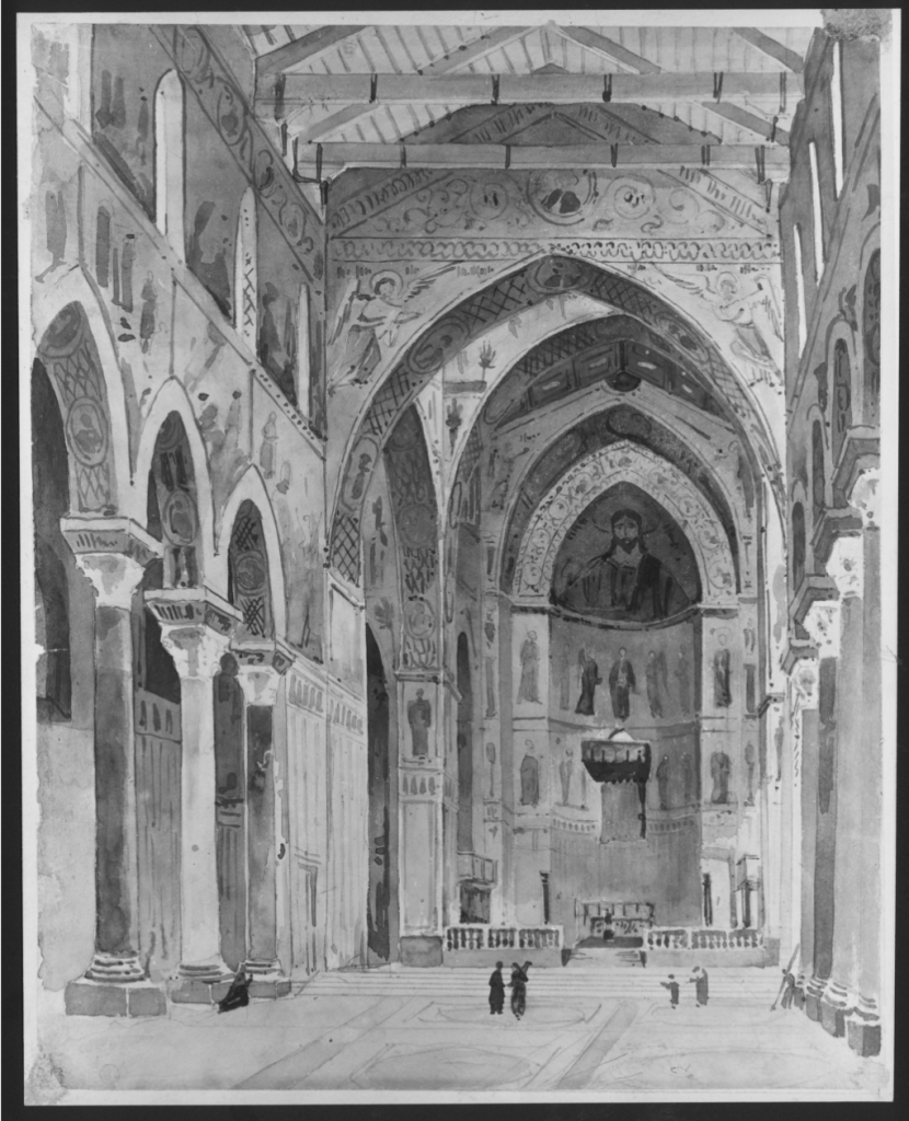 Gottfried Semper, Άποψη του εσωτερικού του καθεδρικού ναού του Μonreale‎ στη Σικελία [Blick auf den Chor des Doms in Monreale], 1831, υδατογραφία, Brandenburgisches Landesamt für Denkmalpflege und Archäologisches Landesmuseum.