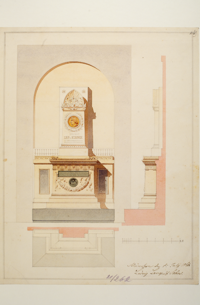 Λούντβιγκ Λάνγκε, σχέδιο για το ταφικό μνημείο του Κλέντσε που δεν υλοποιήθηκε, 1864 (φωτογραφία: Βαυαρικό Εθνικό Μουσείο).