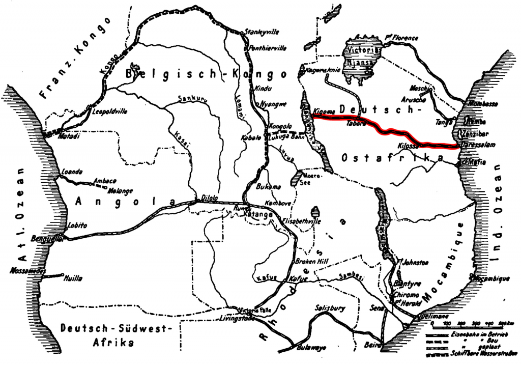Lage der Tanganjikabahn unter den Kolonialbahnen Südäquatorialafrikas, 1916.
