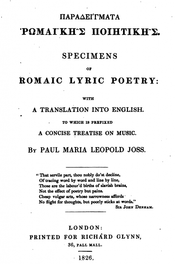 Titelblatt der Sammlung von griechischen Liedern des österreichischen Professors der Ionischen Akademie Leopold Joss