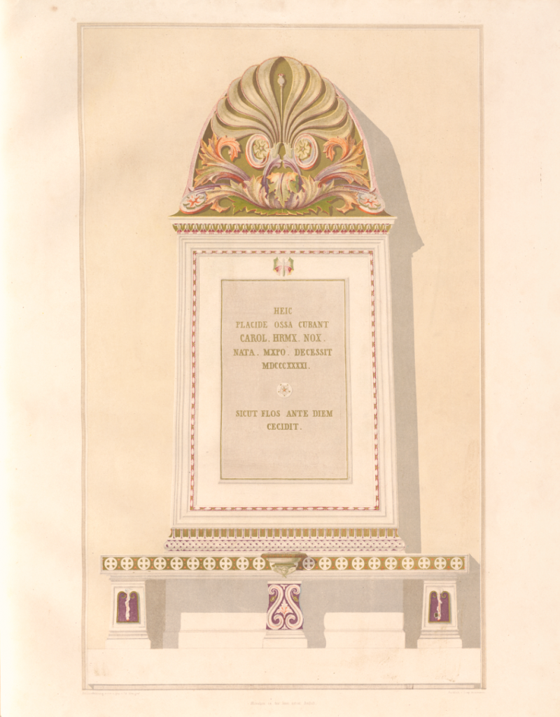 Eduard Metzger, lithografierter Entwurf Grabmal Heideck (aus: E. v. Metzger, Ornamente aus deutschen Gewächsen zum Gebrauch für Plastik und Malerei, 1841)